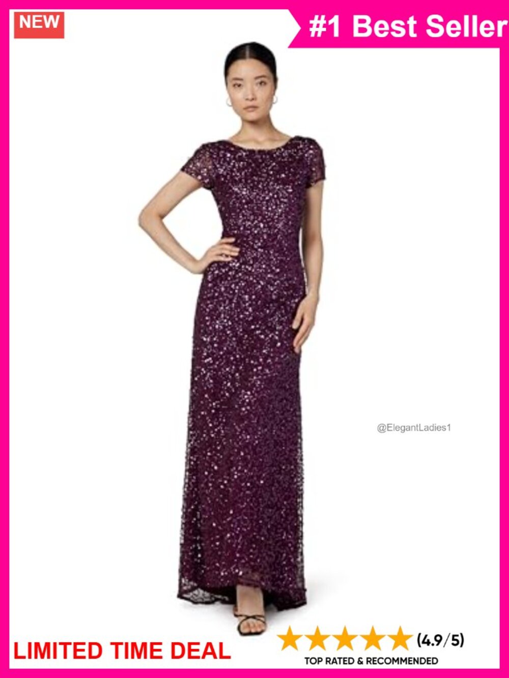 Sequin Scoop Back Long Formal Evening Gown Short Sleeve Train